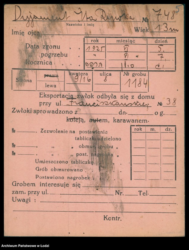Obraz 6 z jednostki "Kartoteka osób pochowanych na cmentarzu żydowskim przy ulicy Brackiej w latach 1892-1953. Nazwiska na litery: Dy-Dz"