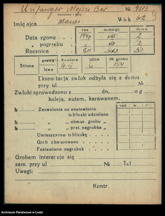 Obraz 10 z jednostki "Kartoteka osób pochowanych na cmentarzu żydowskim przy ulicy Brackiej w latach 1892-1944. Nazwiska na literę U"