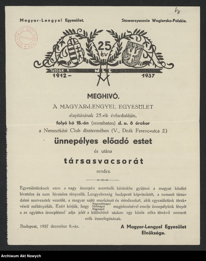 image.from.unit.number "Magyar Lengyel Egyesület. Stowarzyszenie Węgirsko-Polskie; Załączniki: prospekt (druk); L.2"