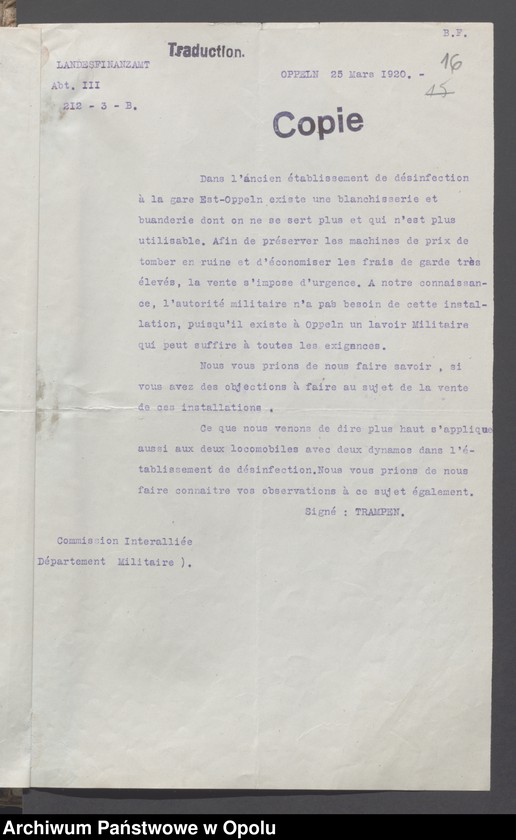 Obraz 18 z jednostki "Materiel du Genie-Outils Couchage et Ameublement-Eclairage-Eau-Materiel de Sport /Korespondencja i zarządzenia w sprawie zaopatrzenia w narzędzia, sypialnie, umeblowanie, oświetlenie.../ 27.01.1920 - 14.08.1921"
