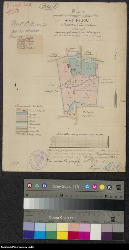 Obraz 1 z jednostki "Plan gruntów należących do folwarku Wróblew w Starostwie Sieradzkim położonych obejmujących przestrzeni 36 mórg i 9 prętów kwadratowych miary nowopolskiej"