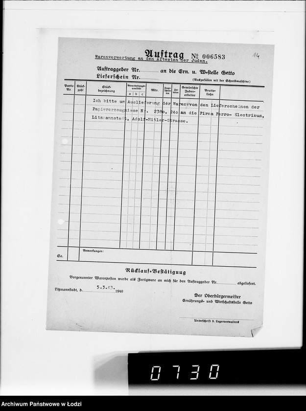 Obraz 18 z jednostki "Warenverwertung am Lager 91. [Aufträge] 6401-6600"