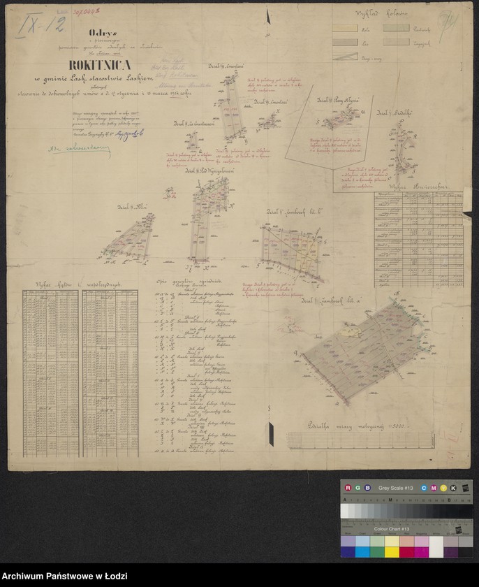 Obraz 1 z jednostki "Odrys z pierworysu pomiaru gruntów odeszłych na służebności dla włościan wsi Rokitnica, w gminie Łask, starostwie łaskim położonych, stosownie do dobrowolnych umów z dnia 17 stycznia i 15 marca 1914 roku"