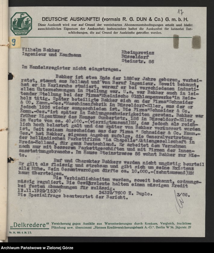 image.from.unit.number "[Informacja przemysłowo-handlowa agencji Deutsche Auskunftei z lat 1926-1932 dot. danych przedsiębiorstw korzystających z usług książęcego urzędu Budowlanego w Żaganiu]"