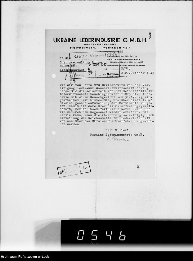 Obraz 12 z jednostki "Reichskommisar Ukraine. [Korespondencja w sprawie realizacji zamówień dla Ukraine Lederindustrie G.m.b.H w Równem]"