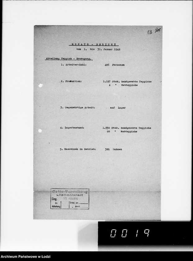Obraz 17 z jednostki "Organisations im Getto. [Sprawozdania z działalności resortów i wydziałów administracji gettowej; produkcja, ruch ludności, sprawy policyjne]"