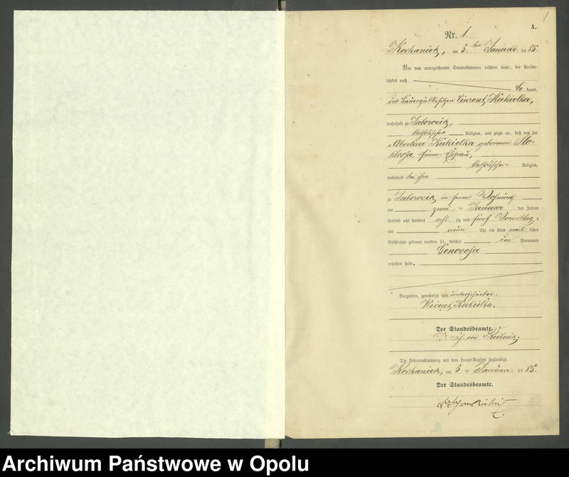 Obraz z jednostki "Urząd Stanu Cywilnego Kochaniec Księga urodzeń rok 1885"