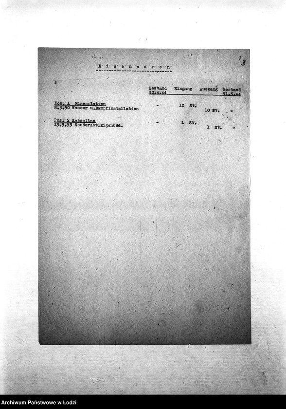 Obraz 12 z jednostki "[Specyfikacje materiałów technicznych, skórzanych, chemicznych, farbiarskich; artykułów biurowych, narzędzi, maszyn, tkanin, żywności i innych posiadanych na składzie Wydziału Specjalnego]"
