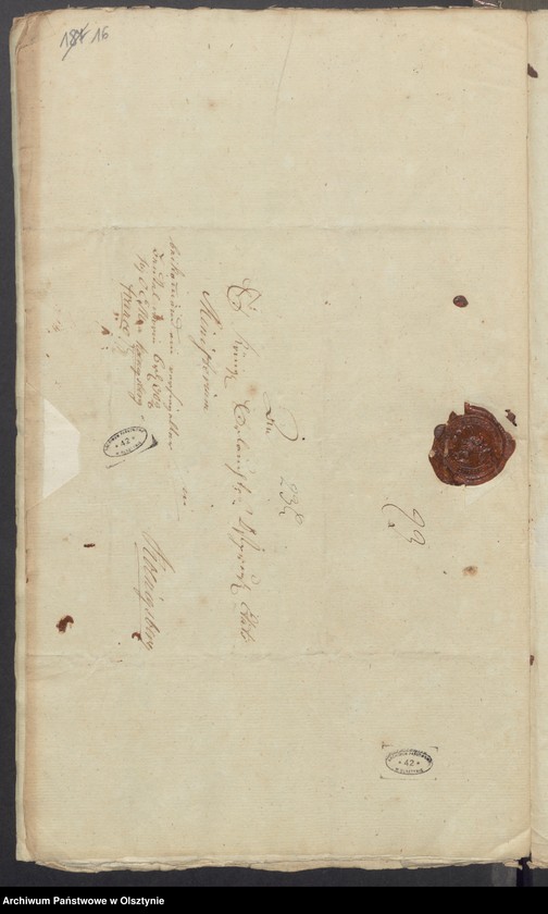 image.from.unit.number "In S. [Sachen] der Friderique Caroline Henriette geschiedene von der Oelsnitz geborene Müller wegen des in Subhastatione voluntaria erkauften Adelichen Guts Kirsteinsdorff [Kiersztanowo] H.[Haupt] Amts Osterode [Ostróda]"