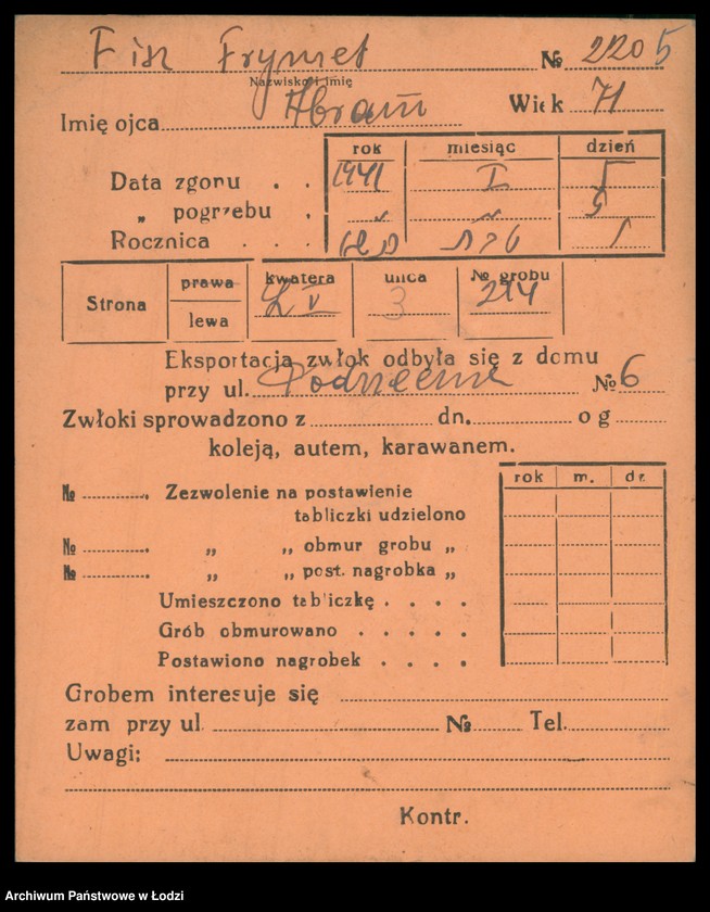 Obraz 6 z jednostki "Kartoteka osób pochowanych na cmentarzu żydowskim przy ulicy Brackiej w latach 1892-1957. Nazwiska na litery: Fisz-For"