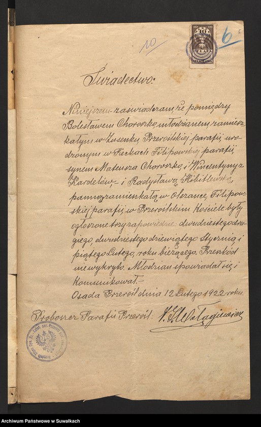 image.from.unit.number "Dokumenty przedstawione w roku 1922 do aktów ślubnych stanu cywilnego Filipowskiej R. Kat. parafji."