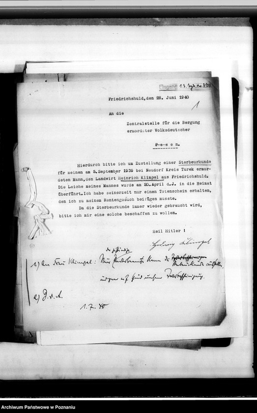 Obraz 5 z jednostki "Im Jahre 1940 beantragte Sterbeurkunden (miejscowych Niemców, którzy zginęli w 1939 roku"