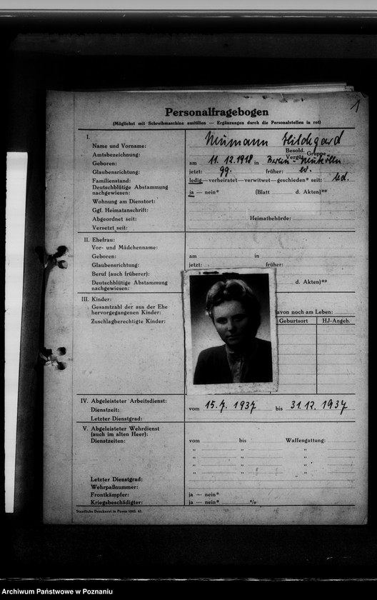 Obraz 5 z jednostki "Personalakten der Angestellten im Reichsarchiv - Posen, Hildegard Neumann"