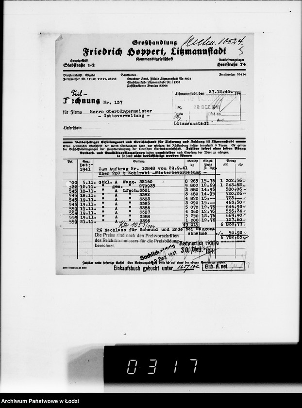 Obraz 11 z jednostki "fa.Hoppert. Rechnungen und Belege [za dostawy towarów dla Getta]"