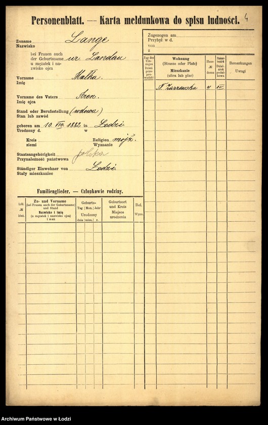 Obraz 6 z jednostki "[Spis ludności Łodzi] Lange - Langner"