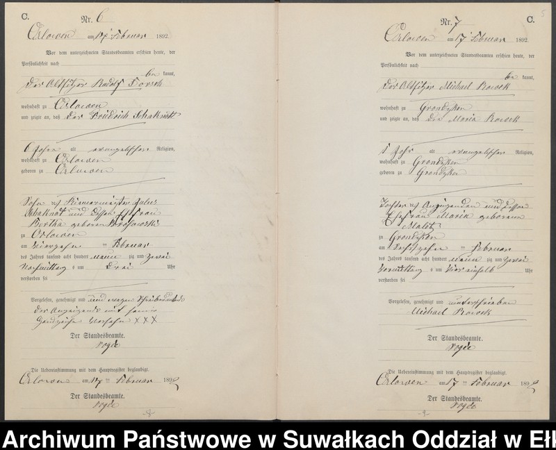 image.from.unit.number "Sterbe-Neben-Register des Preussischen Standes-Amtes Orlowen Kreis Loetzen für das Jahr 1892"