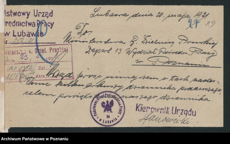 Obraz 16 z jednostki "Ministerstwo B.Dz.Pruskiej Dep.13.Pracy i Opieki Społecznej Wydział Pośredn.Pracy PUPP Lubawa"