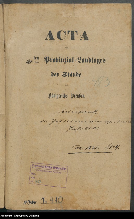 image.from.unit.number "Acta des [20]ten Provinzial-Landtages der Stände des Königreichs Preußen betreffend die Petitionen verschidenen Inhalts"
