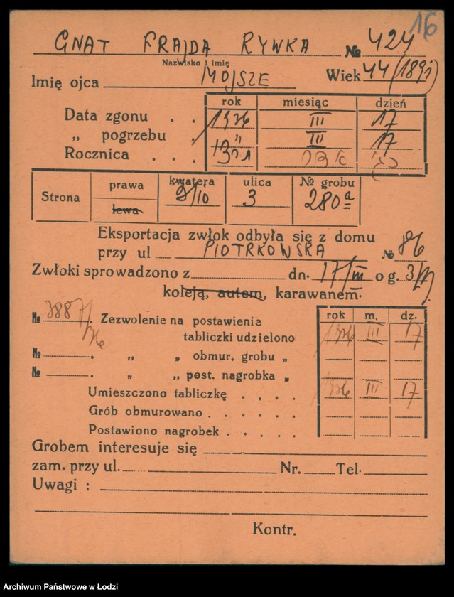 Obraz 17 z jednostki "Kartoteka osób pochowanych na cmentarzu żydowskim przy ulicy Brackiej w latach 1892-1955. Nazwiska na litery: Gl-Goldbe"