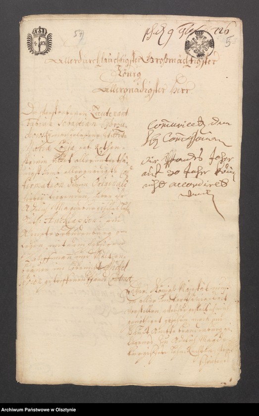 image.from.unit.number "Auklappen, H. [Haupt] A. [Amt] Brandenburg. Acta ein Anlehen von 3000 fl. [Floren] pol. [polnische]. Acta die Verpfändung durch die verw. [verwitwe] Lieutnant Mar. [Maria] Louise Gorzuchowski an den Kaufmann u. [und] Mälzenbräuer Mich. [ Michael] Gerwien"