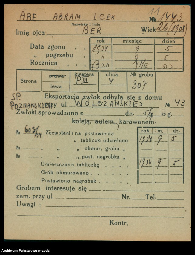 Obraz 12 z jednostki "Kartoteka osób pochowanych na cmentarzu żydowskim przy ulicy Brackiej w latach 1892-1959. Nazwiska na literę A"