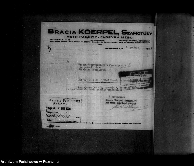 Obraz 7 z jednostki "Zatwierdzenie zakładu przemysłowego /fabryki mebli/ Bracia Koerpel w Szamotułach"