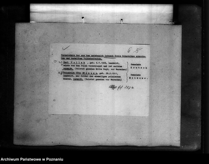 Obraz 10 z jednostki "Kreis Scharnikau (Czarnków). Wykazy miejscowych Niemców, którzy zginęli w 1939 roku - korespondencja"