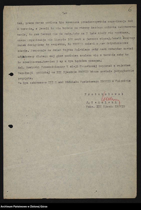 image.from.unit.number "Oddział Powiatowy ZBoWiD w Sulęcinie. Protokół z III Zjazdu Oddziału Powiatowego ZBoWiD z 25 czerwca 1961 r."