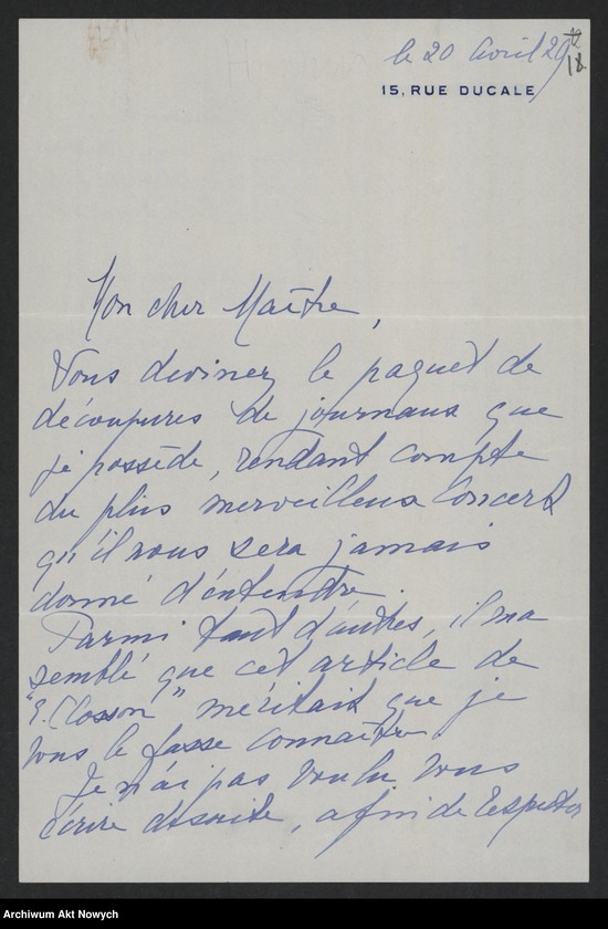 image.from.unit.number "Hymans Paul i Thérese; Załączniki: a) zaproszenie; b) wycinek prasowy; L.13 (odpowiedzi - rękopisy)"
