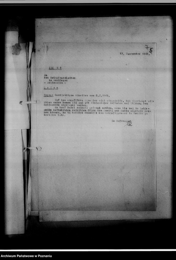 Obraz 11 z jednostki "[Korespondencja w sprawie przekazywania ksiąg kościelnych z Gausippenamt w Poznaniu do Reichsarchiv w Poznaniu]"