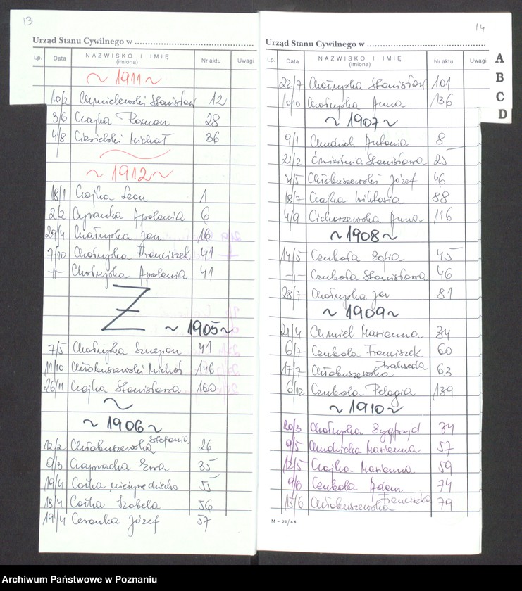 Obraz 11 z jednostki "[Skorowidz alfabetyczny do akt małżeństw i zgonów] za lata 1905-1912]"