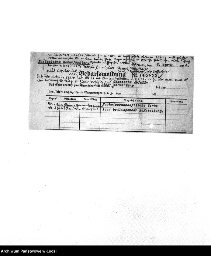 Obraz 10 z jednostki "Bedarfsmeldungen [Skierowane do GV zapotrzebowania na surowce, materiały, narzędzia, maszyny itp. potrzebne resortom pracy do produkcji; zamówienia żywności, lekarstw]"