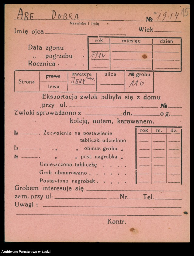 Obraz 16 z jednostki "Kartoteka osób pochowanych na cmentarzu żydowskim przy ulicy Brackiej w latach 1892-1959. Nazwiska na literę A"