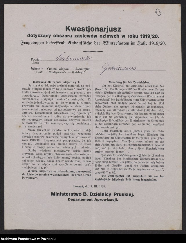 Obraz 15 z jednostki "[Kwestionariusz dotyczący zasiewów ozimych w roku 1919/1920 w powiecie babimojskim]"
