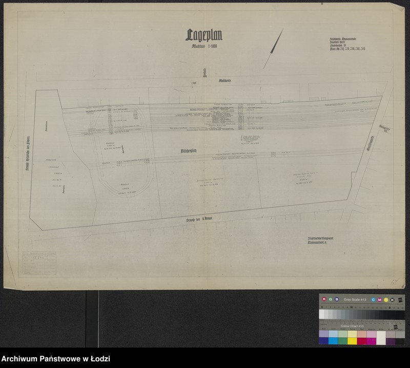 Obraz 1 z jednostki "Lageplan Stadtkreis Litzmannstadt Stadtteil West Stadtbezirk 10 Plan nr 219, 220, 238, 239, 259. Plan boiska Wojskowego Klubu Sportowego i placu Hallera w Łodzi"