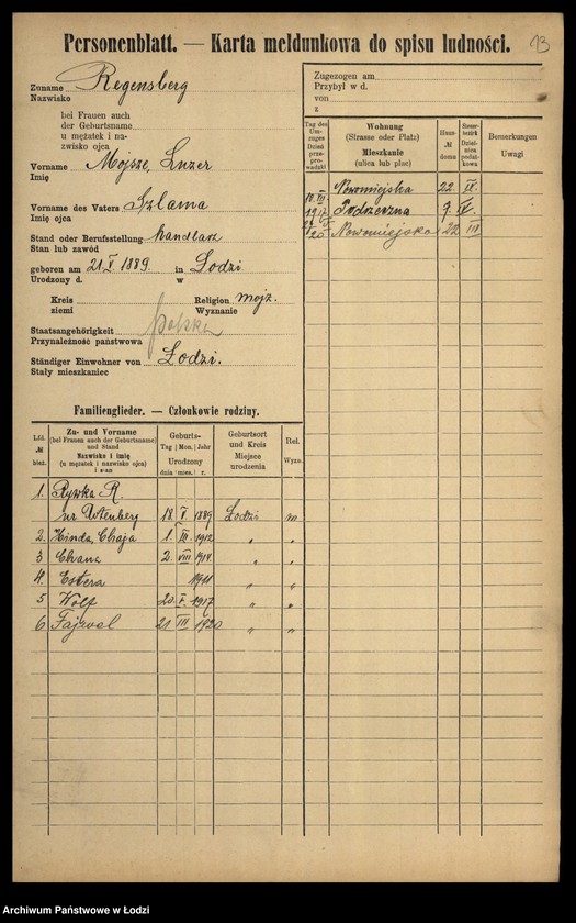 Obraz 15 z jednostki "[Spis ludności Łodzi] Regenbaum-Rentel"