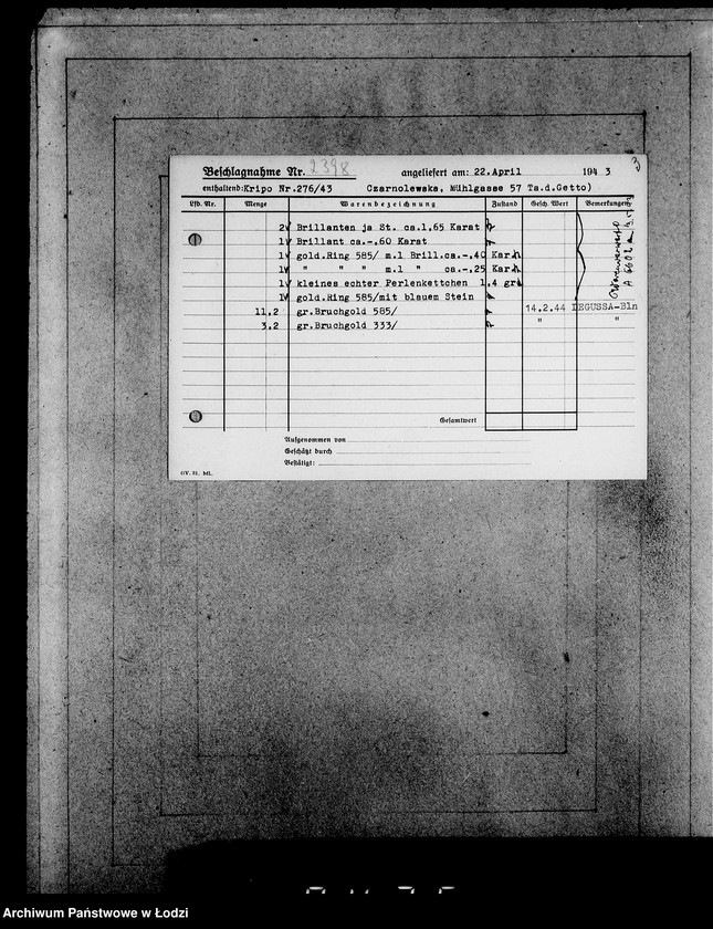 Obraz 7 z jednostki "Kripo 2201-2400 [Kartoteka skonfiskowanego majątku ruchomego u Żydów]"