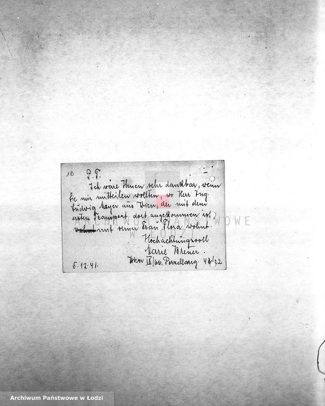 Obraz 18 z jednostki "[Korespondencja z osobami w różnych krajach w sprawie informacji o Żydach zamieszkałych w getcie łódzkim, wsiedlonych z Wiednia]"