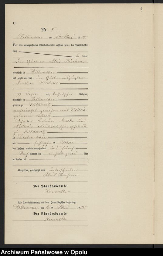 Obraz 12 z jednostki "Sterbe-Neben-Register Standesamts Dittmerau pro 1905"