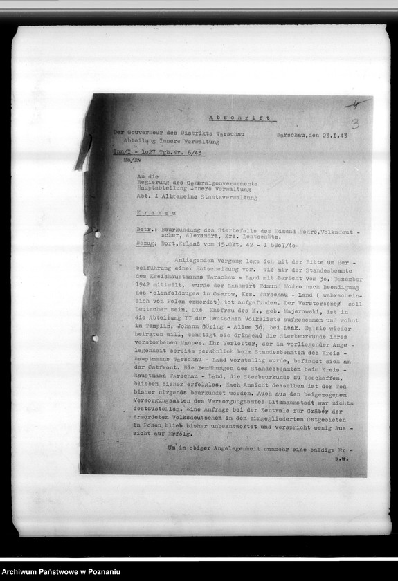 Obraz 7 z jednostki "Beurkundung des Sterbefalles des Landwirts Edmund Modro (Ogrodzona, powiat łęczycki)"