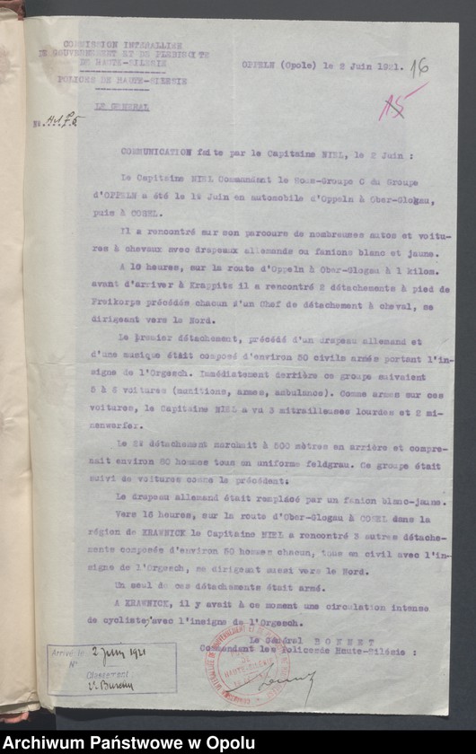 Obraz 18 z jednostki "Entrees-Pieces emanant des autorites Subordonnees-Evenements /Korespondencja od jednostek podległych w sprawie zdarzenia z miesiąca VI.1921/ 1-25.06.1921"