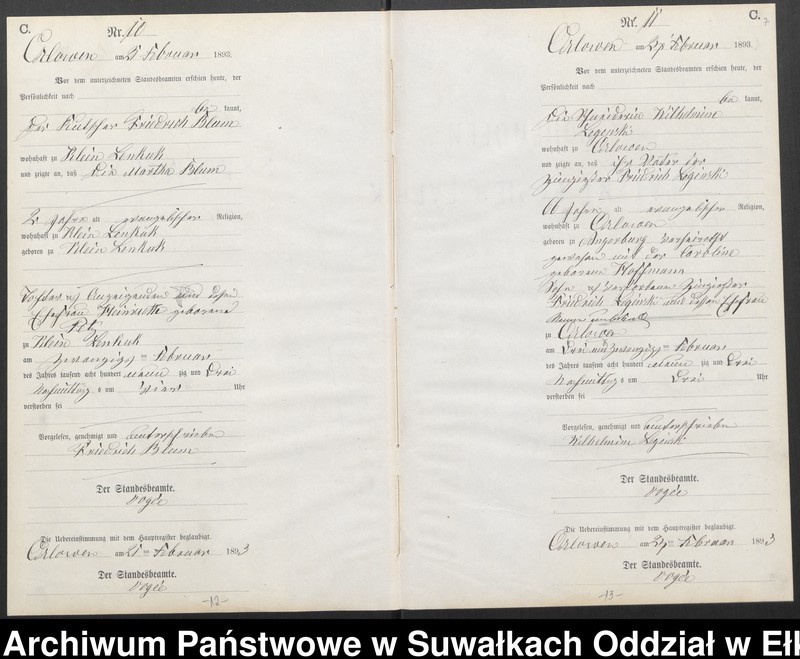 image.from.unit.number "Sterbe-Neben-Register des Preussischen Standes-Amtes Orlowen Kreis Loetzen für das Jahr 1893"