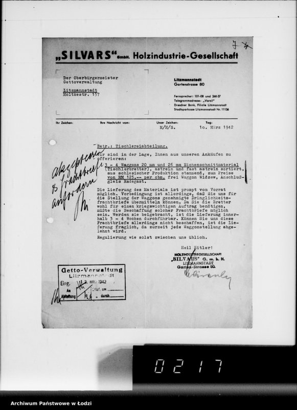 Obraz 10 z jednostki "Aufträge 7611-12089 und Rechnungen Firma Silvars G.m.b.H.Litzmannstadt auf Holzmaterial"