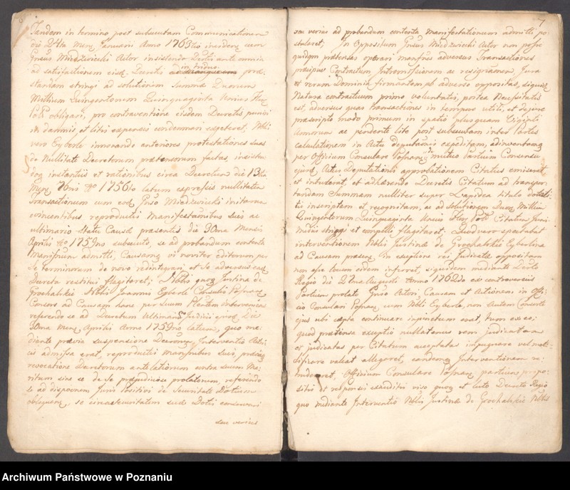 Obraz 8 z jednostki "Prothocollum nobilis officii consularis civitatis SR.Mtis Posnaniae sub notariatu nobilis Francisci Xaveri Prolewicz, SR.Mtis consiliarii, apostolici et officii praesentis notarii in anno domini 1768."