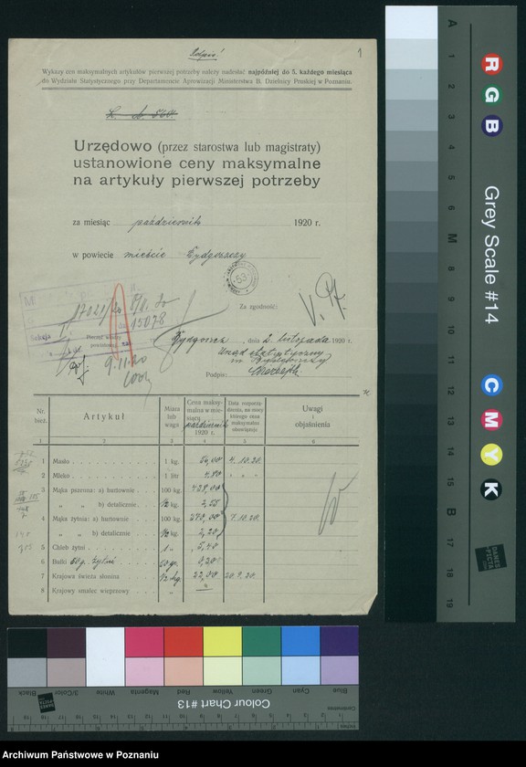 Obraz 3 z jednostki "[Wykazy urzędowo ustanowionych cen maksymalnych na artykuły pierwszej potrzeby na terenie Województwa Poznańskiego za miesiąc październik 1920 roku]"