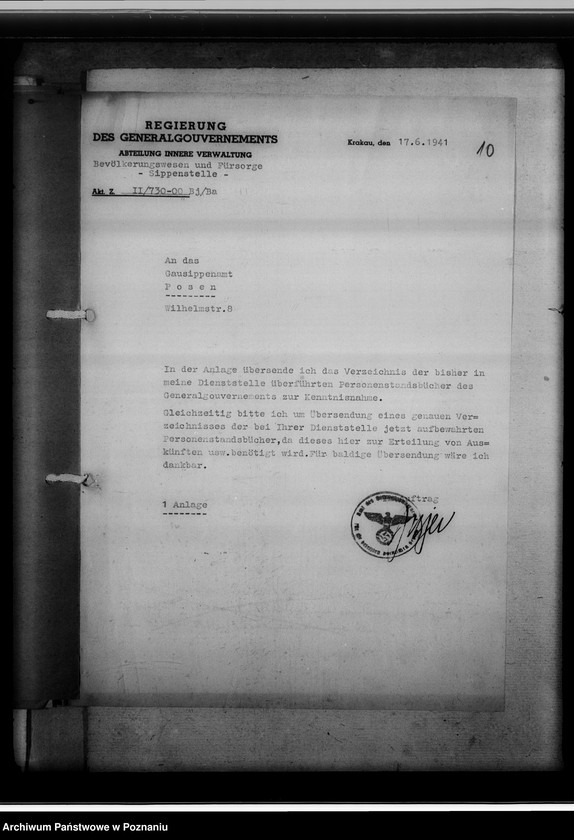 Obraz 14 z jednostki "Verzeichnis der, in der Sippenstelle der Regierungs des Generalgouvernements aufbewahrten Personenstandsbücher [wykaz, korespondencja]"