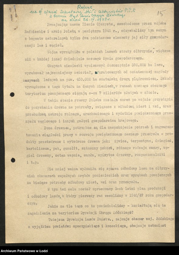 Obraz 16 z jednostki "[Protokoły, informacje, referat z posiedzeń sekcji leśnej, egzekutywy PPR, zjazdu aktywu leśnego przy Dyrekcji Lasów Państwowych, sekcji leśnych przy Wydziale Rolnym KW i komitetach powiatowych]"