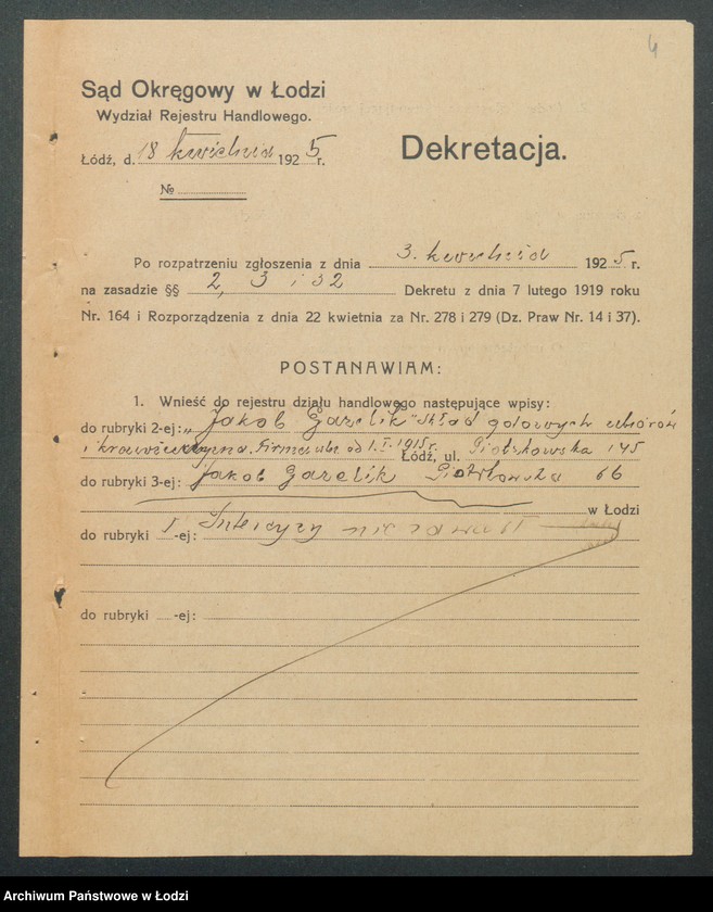 Obraz 6 z jednostki "Jakób Garelik- skład gotowych ubiorów krawieckich"