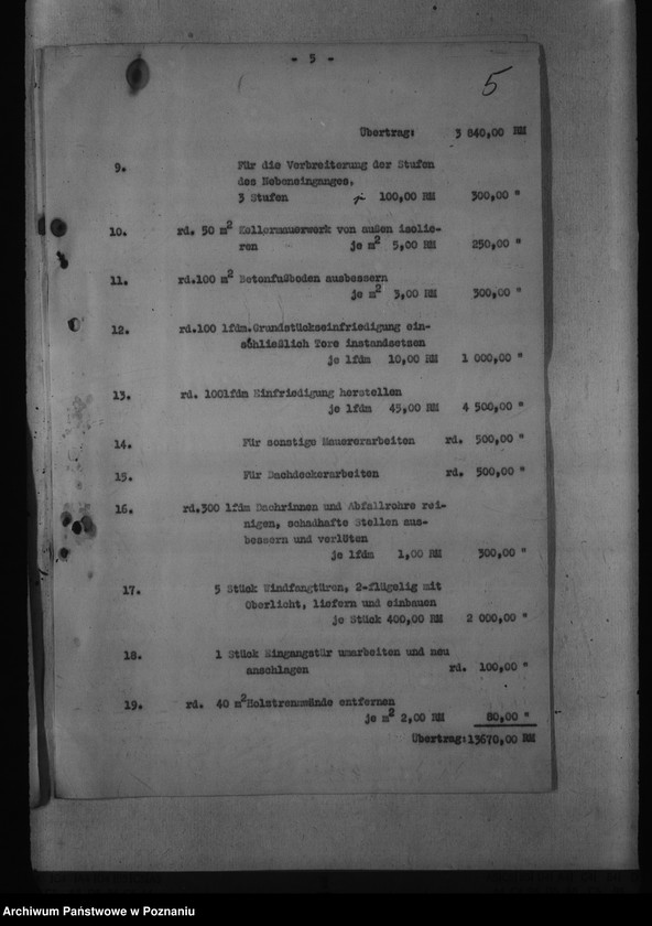 Obraz 9 z jednostki "Kostenüberschlag für Instandsetzungsarbeiten im Gebäude der Staatlichen Ingenieurschule, Posen, Bergerstr. 5."