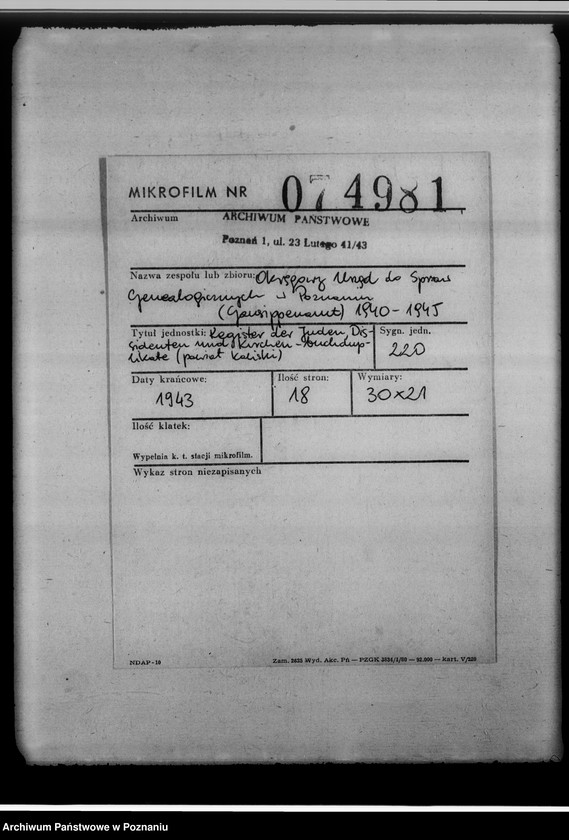 Obraz 2 z jednostki "Register der Juden, Dissidenten und Kirchenbuchduplikate [powiat kaliski]"